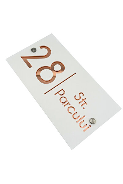 Adresa VIP NUMAR CASA PREMIUM - Alb Satinat Roze Argintiu Oglinda 2 Distantieri Argintii - 28x15cm