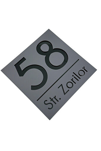 Adresa VIP NUMAR CASA PREMIUM - Gri Satinat Negru Lucios - 17x17cm