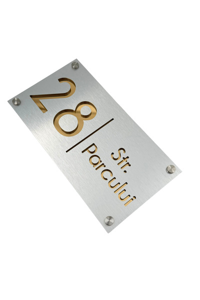 Adresa VIP NUMAR CASA PREMIUM - Aluminiu Periat Auriu Oglinda 4 Distantieri Argintii - 28x15cm