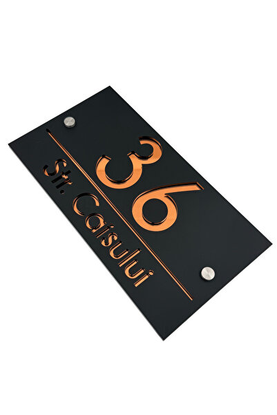 Adresa VIP NUMAR CASA PREMIUM - Negru Satinat Cupru Oglinda 2 Distantieri Argintii - 28x15cm