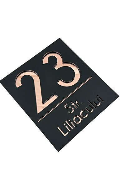 Adresa VIP NUMAR CASA PREMIUM - Negru Satinat Roze Auriu Oglinda - 18x16cm