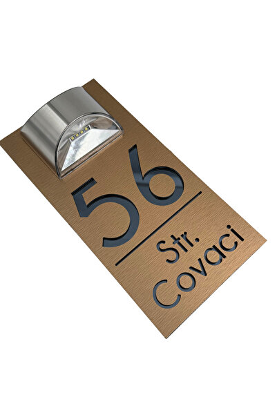 Adresa VIP NUMAR CASA PREMIUM - Aluminiu Periat Bronz Gri Antracit Oglinda Lampa Solara - 30x15cm