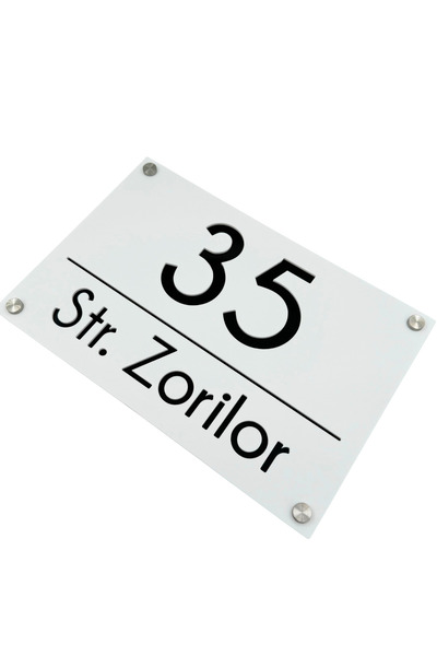 Adresa VIP NUMAR CASA PREMIUM - Alb Satinat Negru Lucios 4 Distantieri Argint...