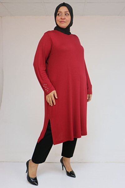 Eslina 58115 Plus Size Beyoğlu Detailed Strawberry Tunic with Sleeves - Burgundy