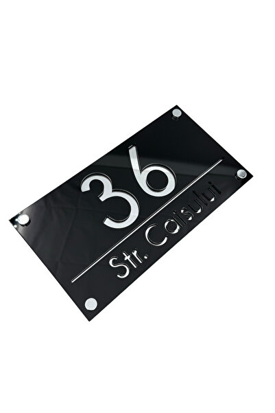 Adresa VIP NUMAR CASA PREMIUM - Negru Lucios Argintiu Oglinda 4 Distantieri Argintii - 28x15cm