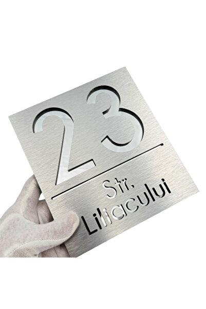 Adresa VIP NUMAR CASA PREMIUM - Aluminiu Periat Argintiu Oglinda - 18x16cm