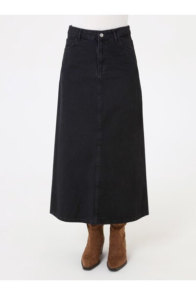 Refka Denim Skirt with Natural Fabric Pocket Detail - Anthracite -