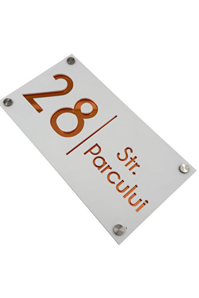 Adresa VIP NUMAR CASA PREMIUM - Alb Satinat Cupru Oglinda 4 Distantieri Argin...