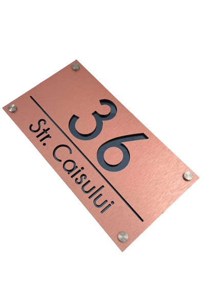 Adresa VIP NUMAR CASA PREMIUM - Aluminiu Periat Cupru Gri Antracit Oglinda 4 Distantieri Argintii - 28x15cm