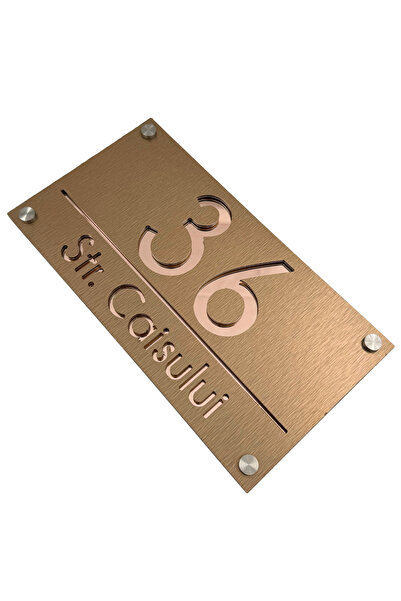 Adresa VIP NUMAR CASA PREMIUM - Aluminiu Periat Bronz Roze Auriu Oglinda 4 Distantieri Argintii - 28x15cm