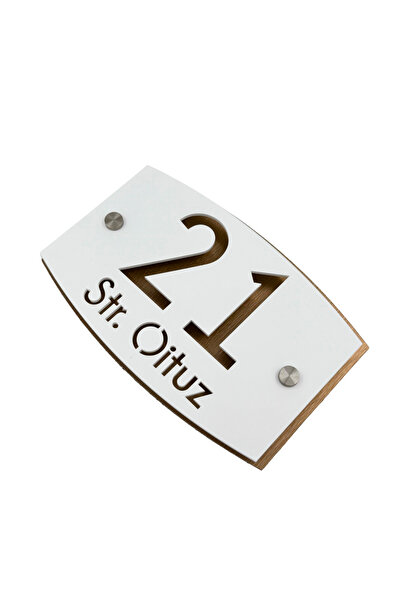 Adresa VIP NUMAR CASA PREMIUM - Alb Satinat Aluminiu Bronz Periat 2 Distantieri Argintii - 20x13cm