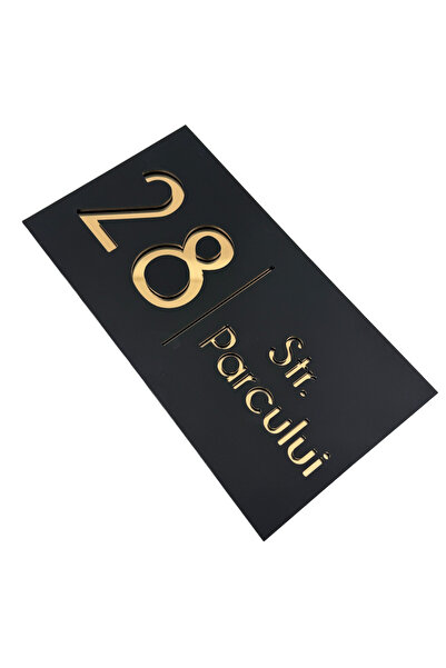 Adresa VIP NUMAR CASA PREMIUM - Negru Satinat Auriu Oglinda - 28x15cm