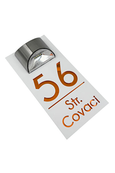 Adresa VIP NUMAR CASA PREMIUM - Alb Satinat Cupru Oglinda Lampa Solara - 30x15cm