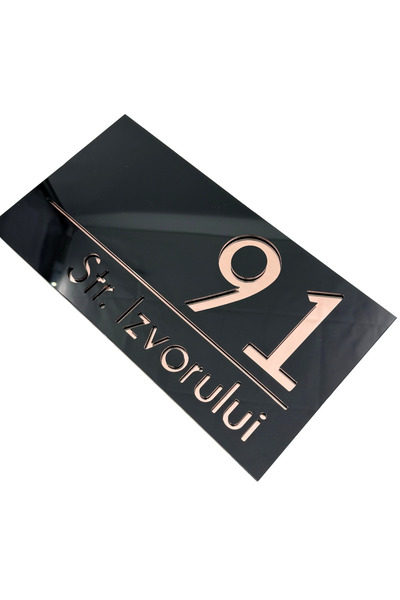 Adresa VIP NUMAR CASA PREMIUM - Negru Lucios Roze Auriu Oglinda - 28x15cm