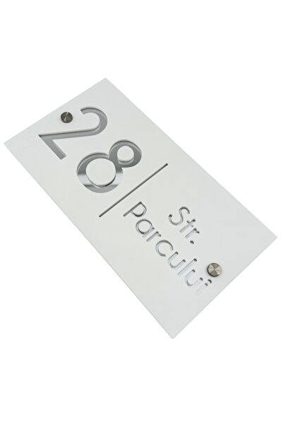 Adresa VIP NUMAR CASA PREMIUM - Alb Satinat Argintiu Oglinda 2 Distantieri Argintii - 28x15cm