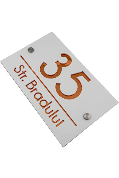 Adresa VIP NUMAR CASA PREMIUM - Alb Satinat Cupru Oglinda 2 Distantieri Argin...