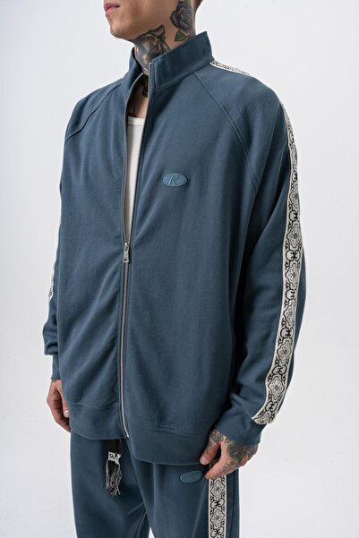 Respire Мъжка суитшърт с двойна ципа, с якичка и детайли с дамаска и райета, в цвят петрол