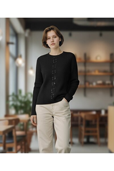 ECE GİYİM Women's Front Stone-Embellished Self-Patterned Zero-Collar Blouse