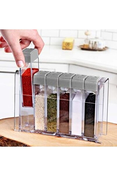 BAMI NETWORK Set of Transparent Plastic Spice Containers with Gray Lid - 6pcs