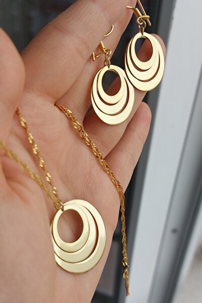 ÖZGÜR TAKI 925 Ayar Gümüş 24 Ayar Altın Kaplama Halka Kolye ve Küpe Seti