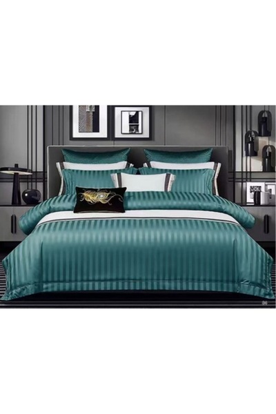 BLA BLA FOAM Set de lenjerie de pat Damasc cu dungi - Verde, 6 piese, 200x230 cm