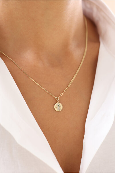 Zeyd Jewelry Yeşil Taşlı Fatma Ananın Eli 14 Ayar Altın Kolye
