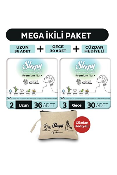 Sleepy Bio Natural Premium Plus Hijyenik Ped Mega Paket Uzun 36 Adet+Gece 30 Adet+Cüzdan Hediyeli