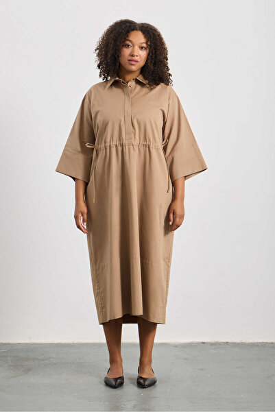 LUOKK ELANI Bağcıklı Poplin Uzun Elbise Camel