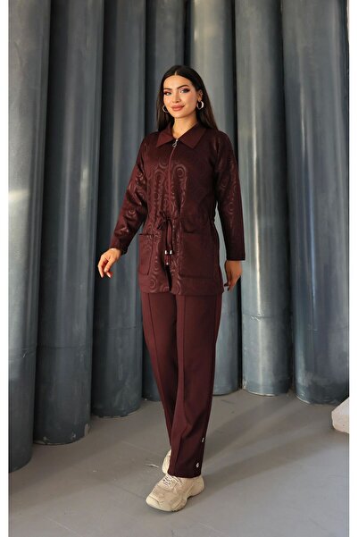 QUAWEAR Printed Shirt Collar False Pocket Lace-Up Zipper Closure Tunic and Pants Knitted Fabric Two-Piece Set