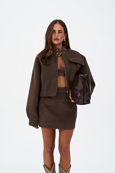 MAI STUDIOS CO. Tenby Dark Brown Crop Jacket-Skirt Set