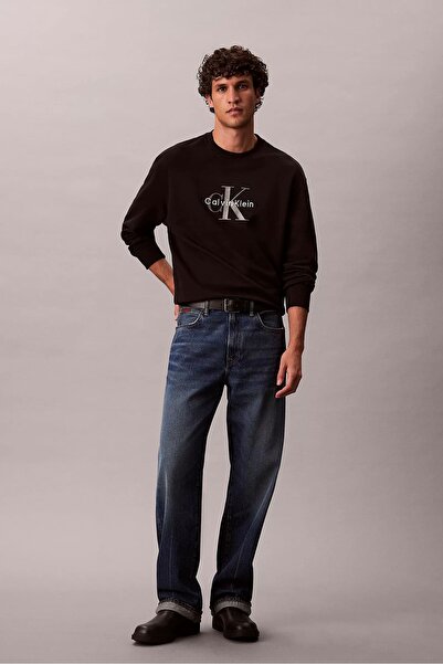 Calvin Klein Erkek %100 Pamuklu CK Logolu Yuvarlak Yakalı Uzun Kollu Siyah Sweatshirt LV04RD242G-UB1