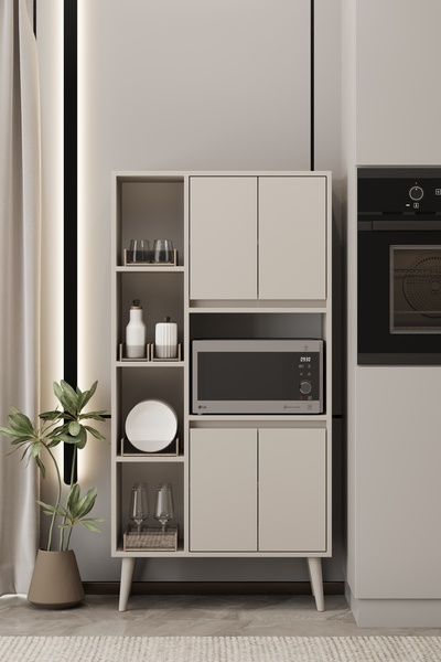 moldesan LİNEA BEJ MDF ÇOK AMAÇLI FIRIN DOLABI RAFLI,KAPAKLI 80x32x140 cm