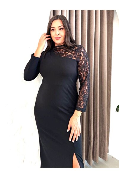 Şirin Butik Γυναικείο μαύρο φόρεμα μεγάλου μεγέθους με έναν ώμο και λεπτομέρεια από δαντέλα άνοιγμα ελαστικό βραδινό φόρεμα