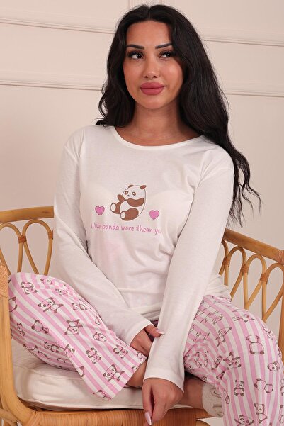 Niket Life Kadın Panda Desenli ve Sloganlı Bisiklet Yaka Uzun Kol Altı Uzun Penye Pijama Takımı