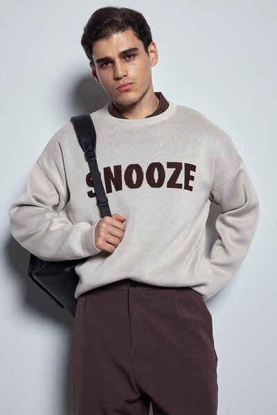 ablukaonline Ανδρικό πουλόβερ oversized Καλοκαίρι με τύπωμα Μπεζ