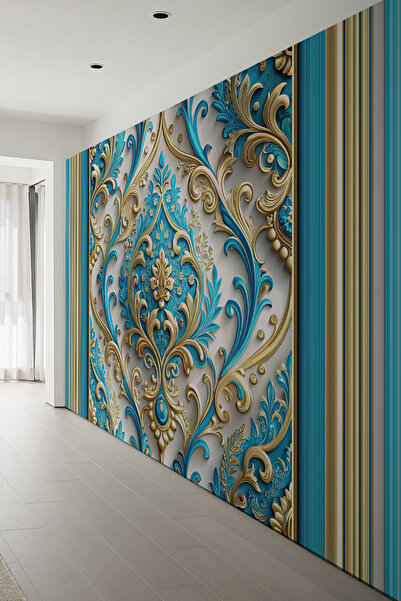 dreamwall reamwall 3D Mavi Gold Çiçek Motifli Klasik Tekstil Duvar Kağıdı