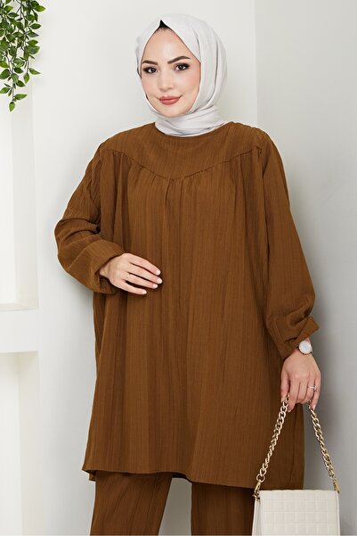 Bestenur Muslin Tunic Trousers Double Set 1558 - Bitter Brown