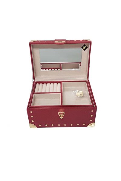 velve Box for accessories and jewelry with mirror, made of genuine leather, in the shape of a chest, red, Red
