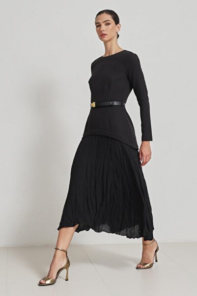 Setre Μαύρο μακρυμάνικο φόρεμα μίντι μήκους με ασύμμετρη λεπτομέρεια στη μέση και στο φόρεμα