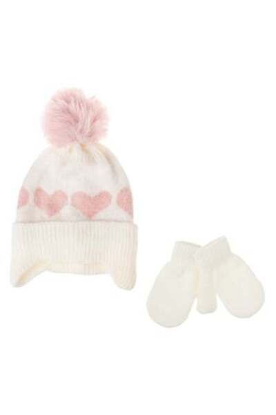 OEM Set Ecru Hat with Pink Heart Pompon & Gloves for Kids 9 Months - 2 pieces