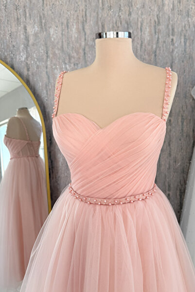 Lenta Moda Pudra Drapeli Ve İnci Detaylı Midi Boy Tül Abiye & Nikah Elbisesi