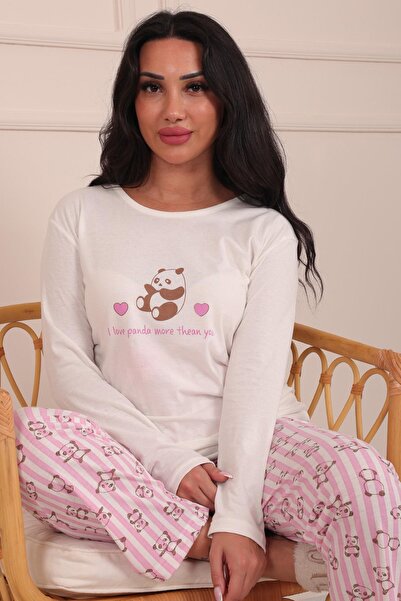 Niket Life Kadın Panda Desenli ve Sloganlı Bisiklet Yaka Uzun Kol Altı Uzun Penye Pijama Takımı