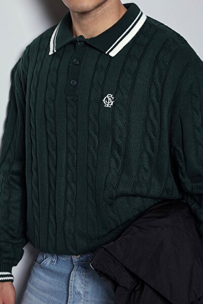 ablukaonline Ανδρικό πλεκτό πουλόβερ με λαιμόκοψη πόλο με σχέδιο, πράσινο