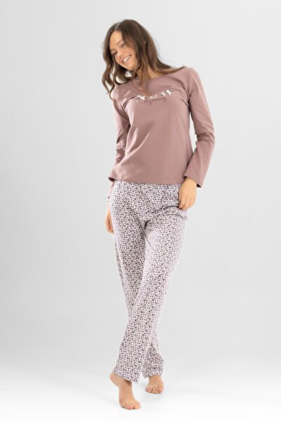 BAYKAR Women's Cotton Crew Neck Letter Printed Long Sleeve Pajama Set 9925 Brown