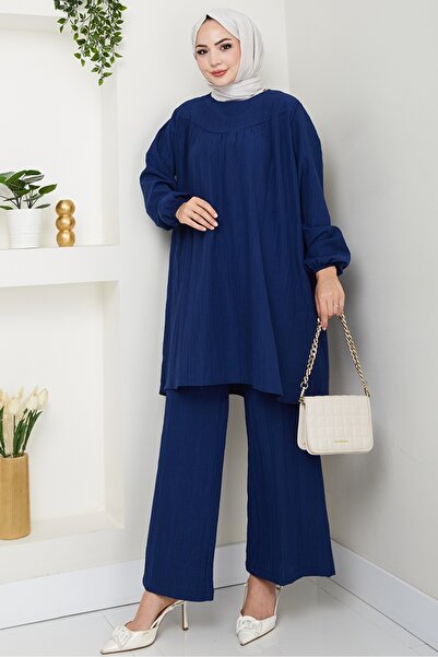 Bestenur Tunic Trousers Double Set 1606 - Navy Blue