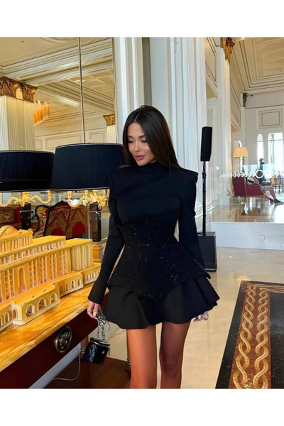 Sisa Butik Düğme Detaylı Simli Kaşkorse Detaylı Tasarım Elbise