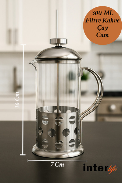 İnterlife Natural Borosilikat Cam French Press Kış Çayı Filtre Kahve Demleme ...