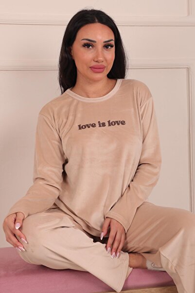Niket Life Love is Love Sloganlı Uzun Kollu Kadife Pijama Takımı