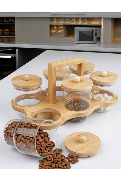 welcomein Bambulu 6’lı Cam Baharatlık Seti – Kapaklı & Kulplu Standlı Şık Tas...