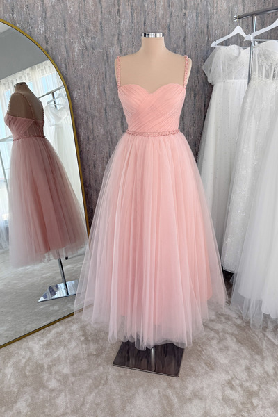 Lenta Moda Pudra Drapeli Ve İnci Detaylı Midi Boy Tül Abiye & Nikah Elbisesi